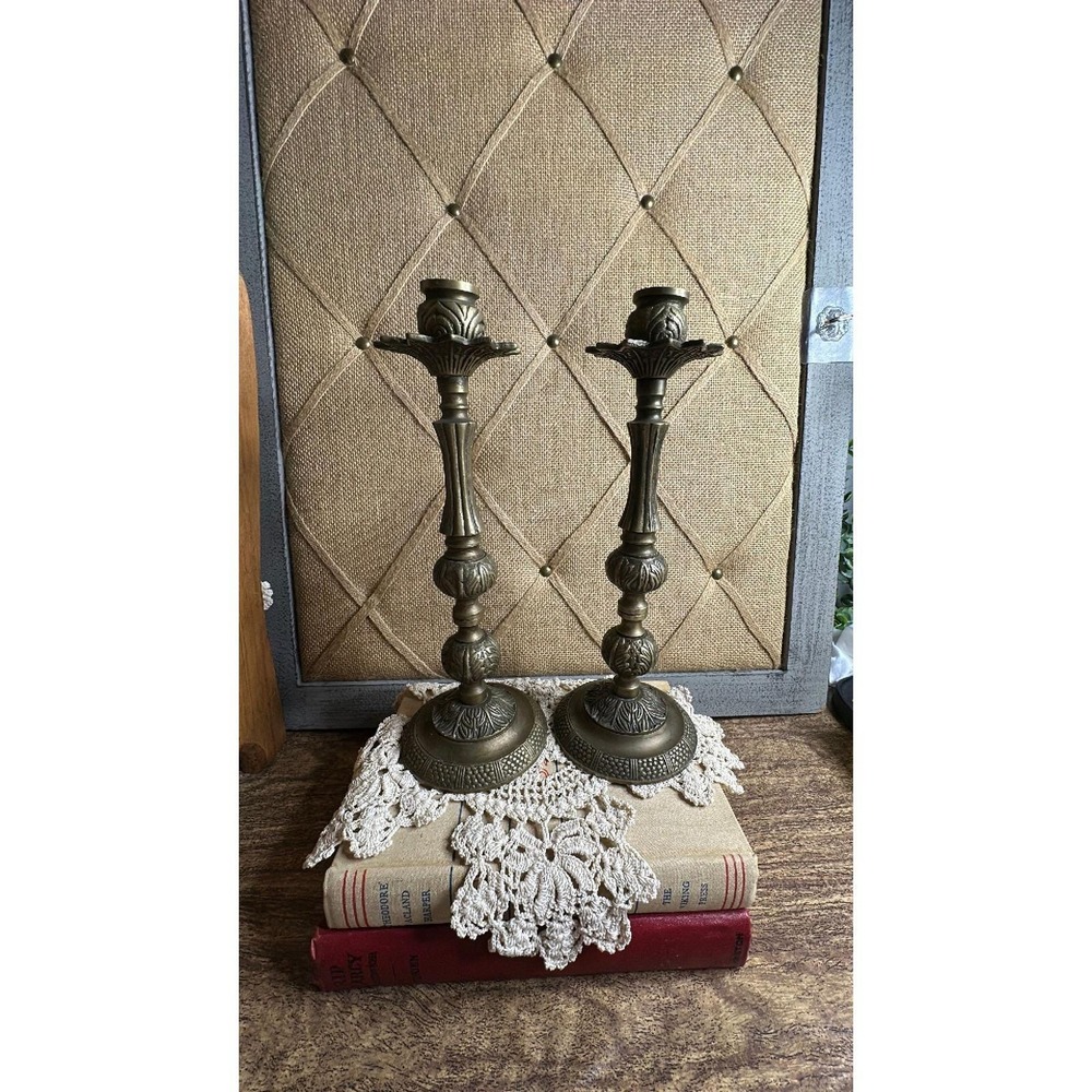 Vintage Pair of Handcrafted for Silvestri Solid Brass Ornate Candle Holders